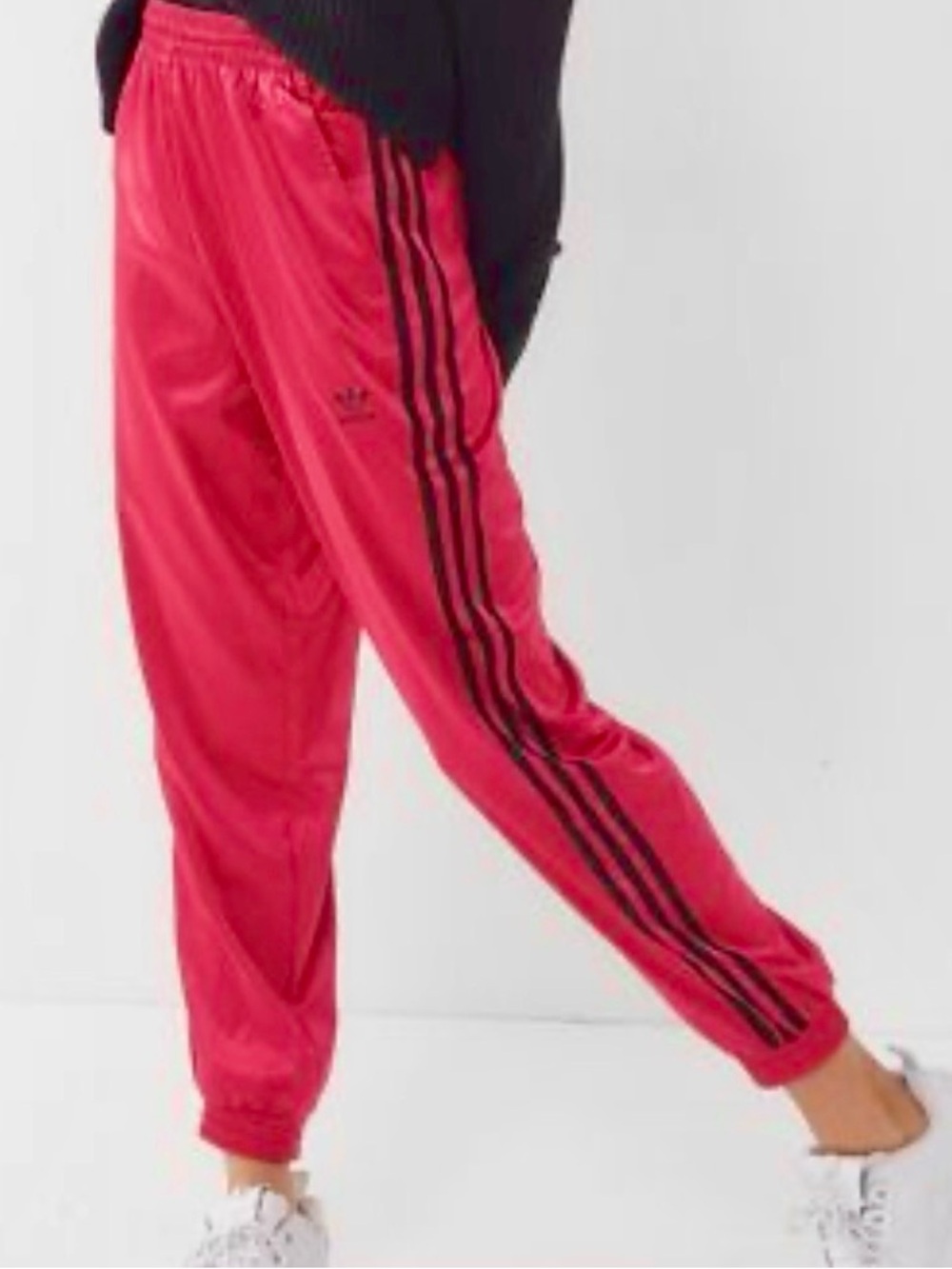 adidas Fuchsia Satin Track Pants with Black Stripes